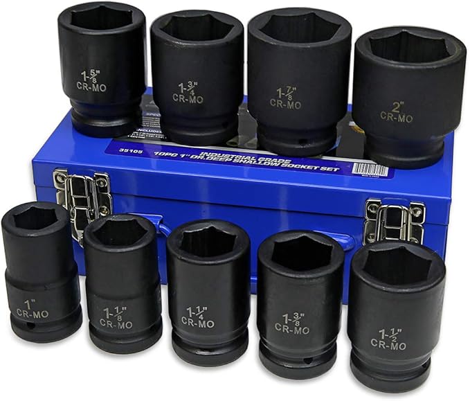 Stark USA 9-Pieces 1" Drive Deep Impact Socket Set 6-Point (1-Inch - 2-Inch) Heavy Duty CR-MO, Truck Tire Service, Mechanical Equipment Maintance Set SAE Carrying Case
