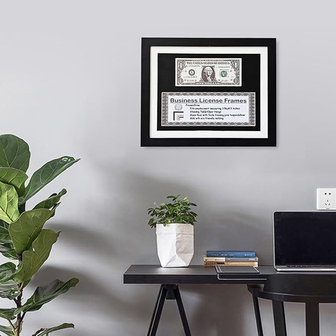 8.5x11 Business License Frame, Black Wood Grain Finish, UV Resistant, Holds 1st Dollar & 3x8.5 License, Includes Easel & Wall Hanger