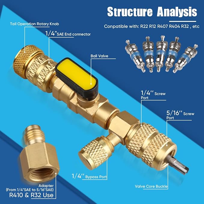 Valve Core Remover Tool - Dual Size SAE 1/4 & 5/16 Port Valve Core Remover/Installer Exclusive for Home HVAC (R22 R12 R407 R32 R404 R410A R600 Compatible, Not for A/C Use) with 20 PCS Valve Cores