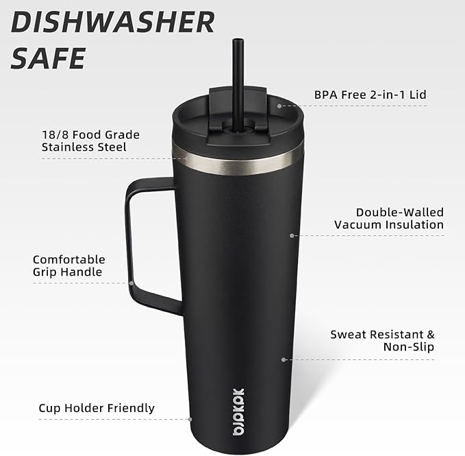 BJPKPK Insulated Tumbler with Handle, 30oz Insulated Tumblers with Lid and Straw, Stainless Steel Metal Water Bottles, Coffee Travel Mugs, Cups, Black