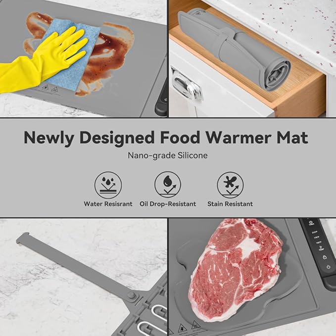 Food Warming Mat Electric Tray: Adjustable Silicone Heating Pad with 3 Temperature Settings 4 Timer Function Portable Roll Up Hot Plate for Buffets Party Gatherings Kitchen Countertop Black Gray