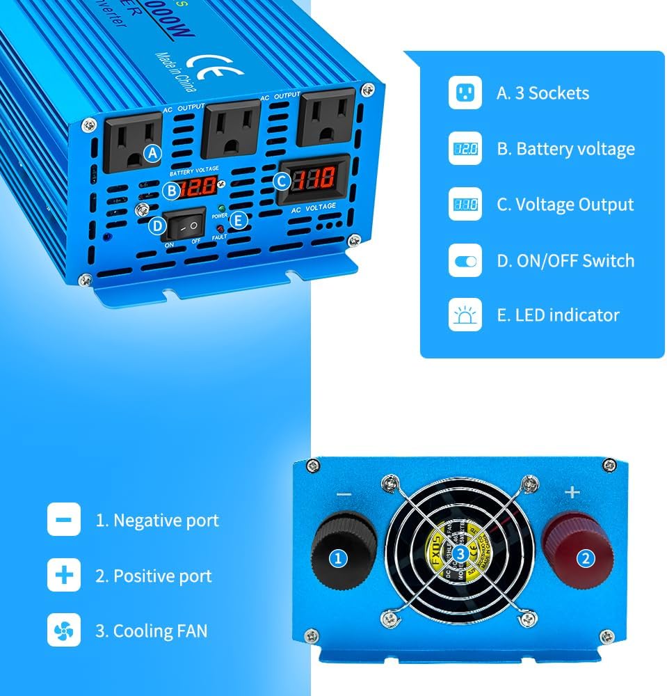 LVYUAN 2000 Watt Pure Sine Wave Inverter 24V to 110V 120V DC to AC with 3 AC Sockets, LED Display, Car Power Inverter for Vehicles Home RV Camping Truck Solar System