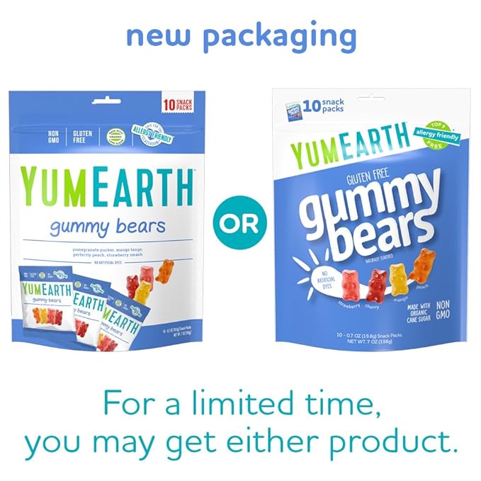 YumEarth Organic Fruit Flavored Gummy Bears, 10- .7oz. Snack Packs, Allergy Friendly, Gluten Free, Non-GMO, No Artificial Flavors or Dyes
