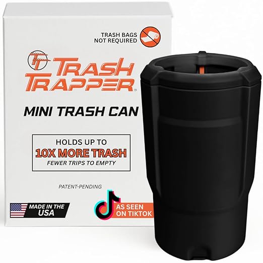Trash Trapper The Cup Holder Trash Can for Car, Original Patent-Pending Trash Compaction Holds up to 10x More Trash to Save You Time, Portable Trash Can for Car, Stroller, Backpacks, Black