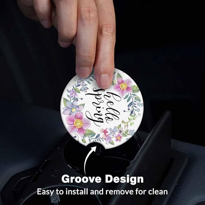 Hello Spring 2 Pack Car Cup Holder Coaster Anti Slip Insert Absorbent Ceramic Car Coaster with Cork Base and Finger Notch Cute Car Accessories Interior for Women Men