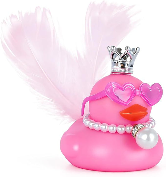 BOZILY Pink Rubber Duck with Crown, Wings, Pearl Necklace & Heart Sunglasses,DIY Cute Car Dashboard Decor Accessories, Gift for Car, Home, Desk (Includes Tapes)