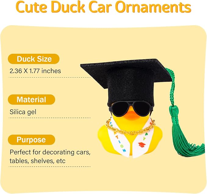 wonuu Graduation Stole Rubber Ducks, Dashboard Decorations Duck for Car Ornament Accessories with Hat Sunglasses Sash Chain (Green)