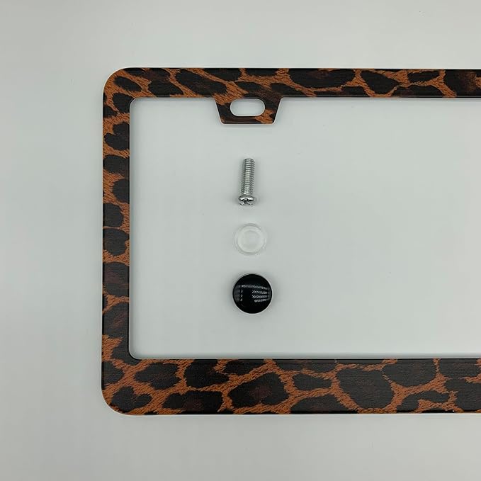 Leopard Cheetah Print Brown and Black License Plate Frame Cover, Matte White Powder Coated Stainless Steel, Animal Print Auto Car Tag Frame with 2 Holes & Free Screws