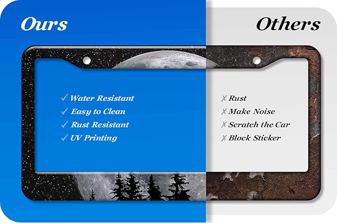 2PCS Full Moon Pattern License Plate Frames for Men Women - Universal Aluminum Stainless Steel Personalized Car Tag Covers Holder with Screws, Caps, Rattle Proof Pads and Handlebar Stickers