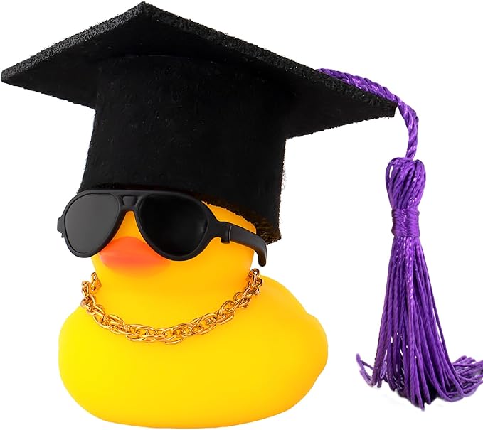 wonuu Car Dashboard Decor Graduation Hat Rubber Duck, Car Ducks Ornaments with Mini Hat Necklace Sunglasses Scarf (Purple)