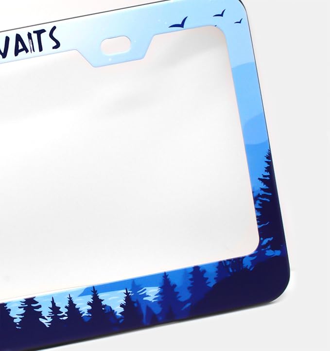 1pcs Blue Mountain Adventure AwaitsLicense Plate Frame for Women, Nature Forest Mountain River Landscape car tag Frames Girly for Vehicle with Non Adhesive Electrostatic Sticker