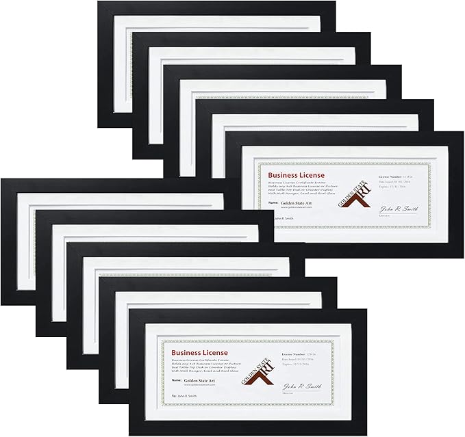 Golden State Art, 5x10 Wood Frame with Mat for 4x9 Business License Certificate with White Mat & Table-Top Display, Real Glass, Black, 10 Pack