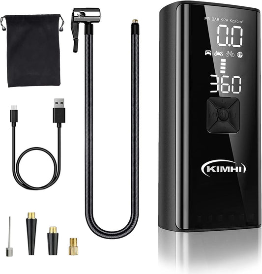 Tire Inflator Portable Air Compressor - KIMHI 150 PSI Cordless Car Air Pump,2X Faster Pump with 10000mAh Rechargeable Battery,Digital Pressure Gauge, LED Light,For Car,Motorcycle and Ball