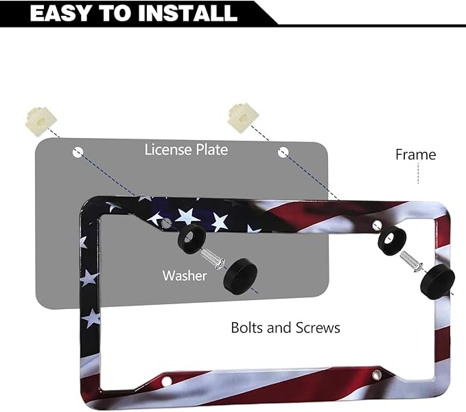 American Flag License Plate Frame Holder - 2 Pack Universal Aluminum Matte Stripe US Flag Gloss Patriotic Car Plate Frame Covers with Free Screws Fasteners Caps