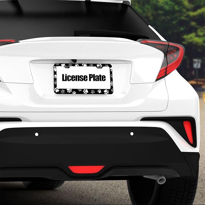 Paws Print License Plate Frame - 1 Pack Personalized Aluminum Car License Plate Cover Black and White Dog Paws License Plate Holder Universal US-Canada 2 Hole Auto Car Tag for Women/Men