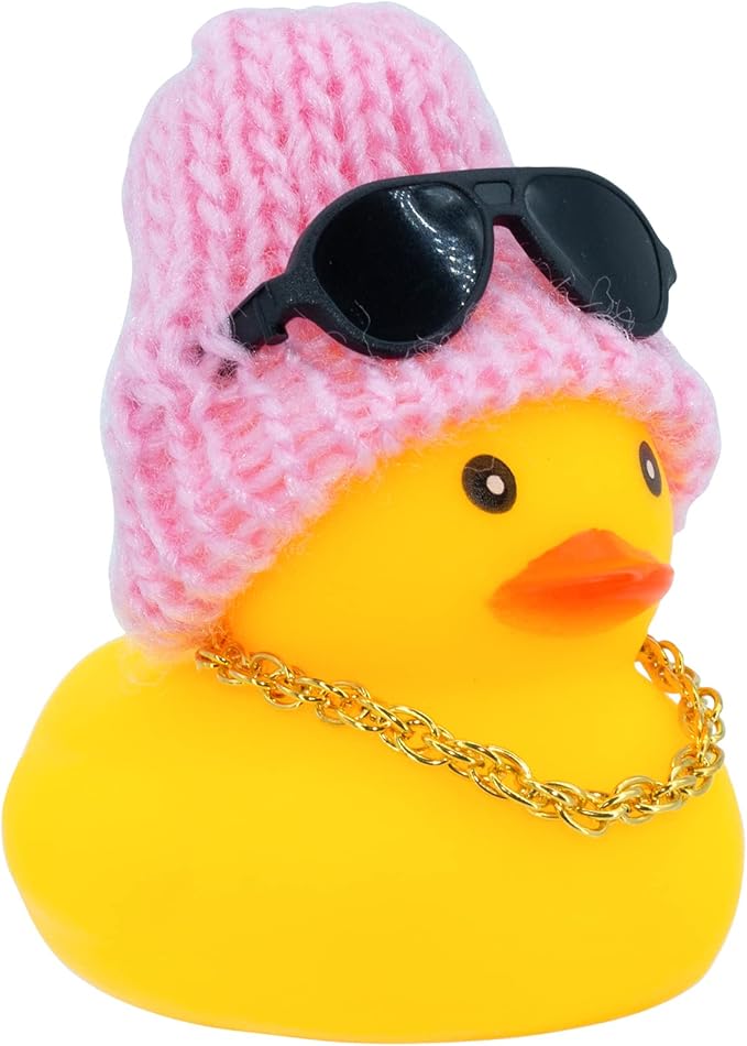 Car Rubber Duck, Yellow Duck Car Dashboard Decorations Accessories with Mini Beanie Hat Necklace and Sunglasses(2 Inch, W4)