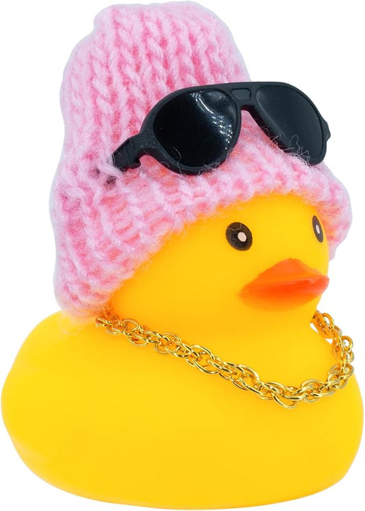 Car Rubber Duck, Yellow Duck Car Dashboard Decorations Accessories with Mini Beanie Hat Necklace and Sunglasses(2 Inch, W4)