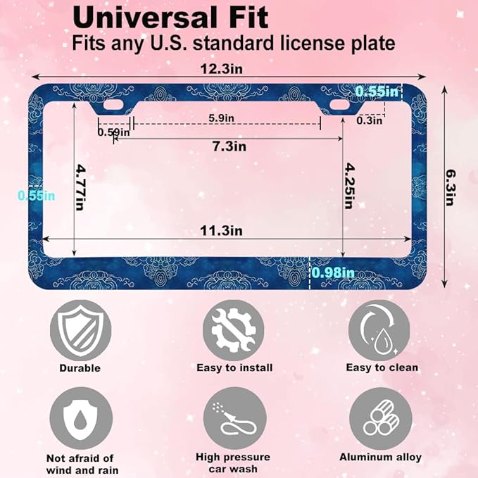 2pcs Blue Texture Japanese Wave License Plate Frame for Women,Traditional Japanese Styles car Decorative tag Frames Girly,Japanese Art License Plate Cover Holder for Vehicle with car Keychain tag