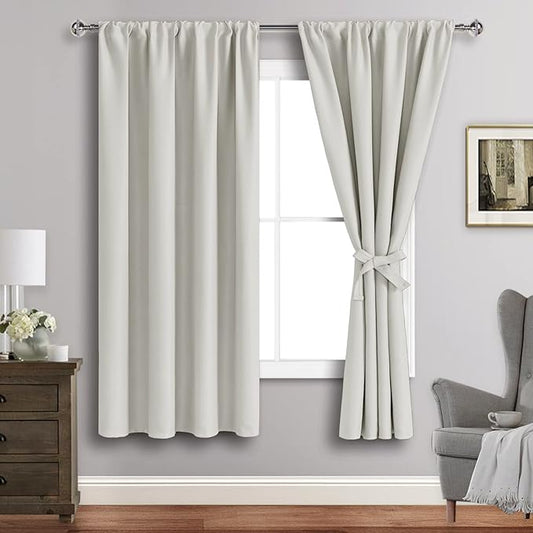 JIUZHEN Blackout Curtains for Bedroom - Thermal Insulated Room Darkening Rod Pocket Curtains for Living Room, Set of 2 Panels with Tiebacks, 38 x 72 Inch Length, Ivory