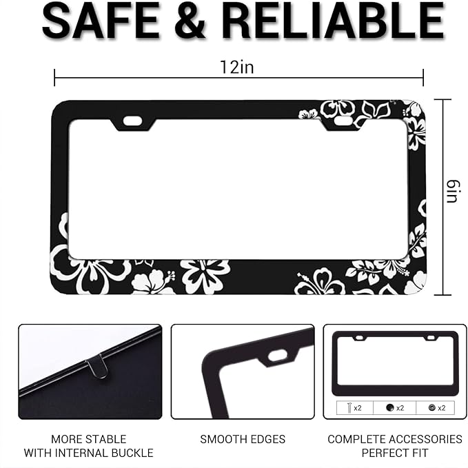 Black White Cherry Blossoms License Plate Frame, Floral Flowers Aluminum License Plate Holder, Women License Plate Decorative 2 Holes & Screws, 6 X 12 in