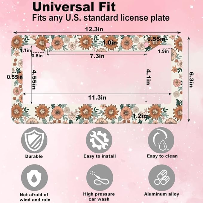 2pcs Vintage Sunflowers Floral License Plate Frame for Women,Inspirational Sunflowers car Decorative tag Frames Girly,Retro Botanical License Plate Cover Holder for Vehicle with car Keychain tag