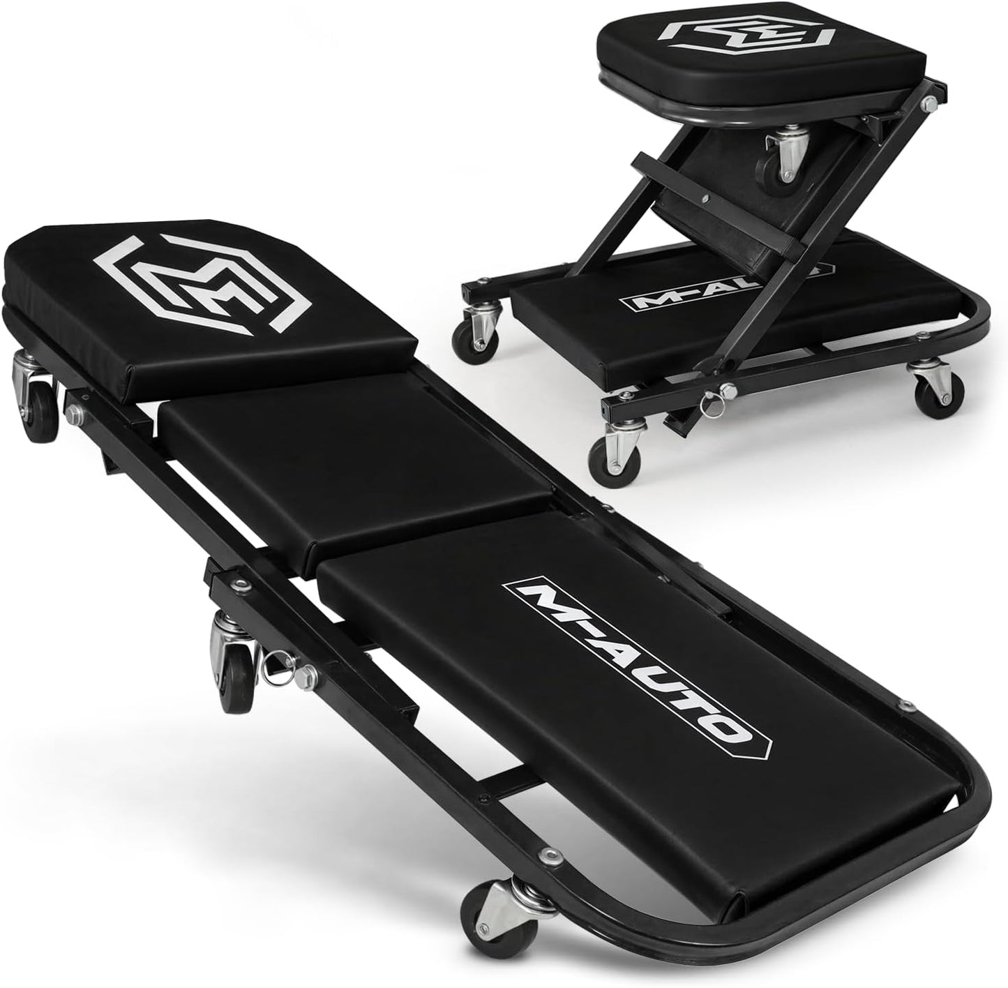 M-AUTO Foldable Z Creeper 2-in-1 Rolling Folding Car Creeper & Seat, 36" Adjustable Roller Garage Chair Lay Down or Sit, 330LBS Capacity Under Car Roller Creeper with 6 Swivel Casters, Black