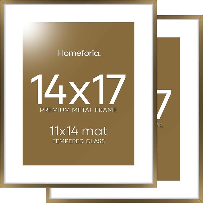 Homeforia 14x17 Picture Frame Bronze, High End Metal 14x17 Brass Poster Frames with Mat 11x14 for Photo, 14 x 17 Frame Matted to 11 by 14 Print, 17x14 Hanging Frame, Tempered Glass, Wall Kit, Set of 2