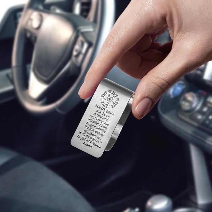Lord, Grant Me Your Protection and Keep Me Mindful Engraved Stainless Steel Car Visor Clip, Travels Visor Car Accessories for Women Men, Safe Driving Religious Gifts for Family Friend Driver