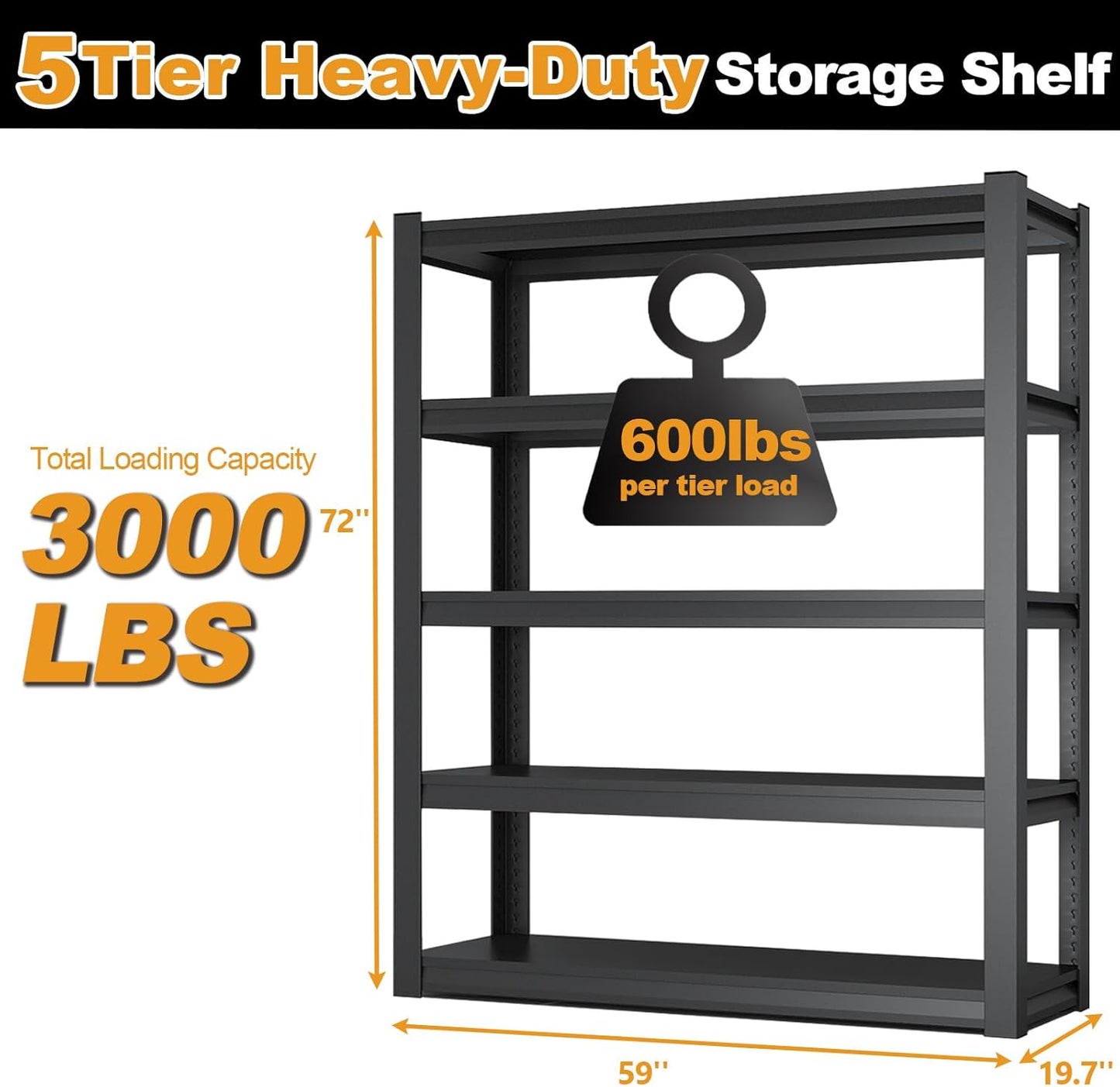 72H Metal Kitchen Storage Shelves, 3000 LBS Heavy Duty Garage Shelving Unit, 5-Tier Adjustable Pantry Shelves, Food and Beverage Storage Rack, Appliance Storage Utility Shelf for Balcony - Black