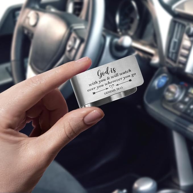 God is with You and Will Watch Over You Wherever You Go Engraved Stainless Steel Car Visor Clip, Genesis 28:15, Funny Religious Gifts for Women Men Family Friend, New Driver Gifts