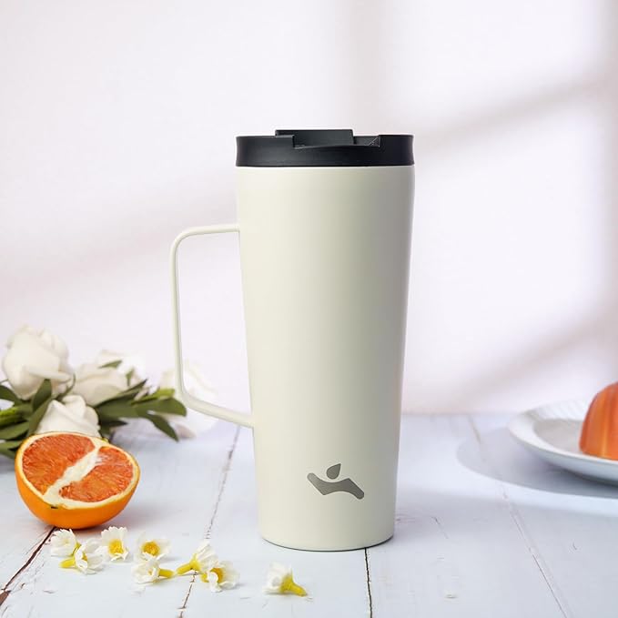 Insulated Tumbler with Handle and Straw, 22 OZ Travel Coffee Mug Stainless Steel Cup Metal Water Bottle,Angel White