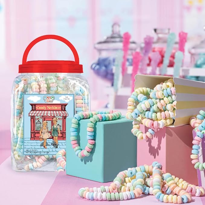 36 Candy Necklaces Individually Wrapped, Choker Style, Nostalgic Pastel Candy Jewelry Perfect for Party Favors, Pinata Fillers and Goodie Bags, Packed in a Convenient Display Tub, By 4YoreElves