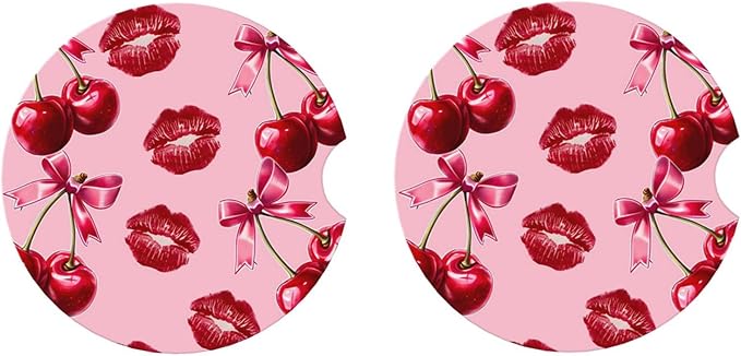 ABLESKY Car Coasters for Cup Holders, 2 Pack Absorbent Anti Slip Car Cup Holder Coasters, 2.56 Inch Ceramic Universal Size Auto Interior Accessories Women Men-Cherry Pink Bow with Red Lips