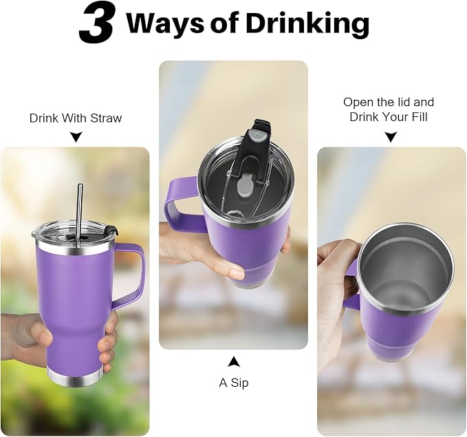 20 oz Tumbler with Handle, Stainless Steel Insulated Tumbler with Lid and Straw, Double Wall Vacuum Insulated Coffee Mug Tumbler, Insulated Coffee Thermal Cup for Cold and Hot（Purple）