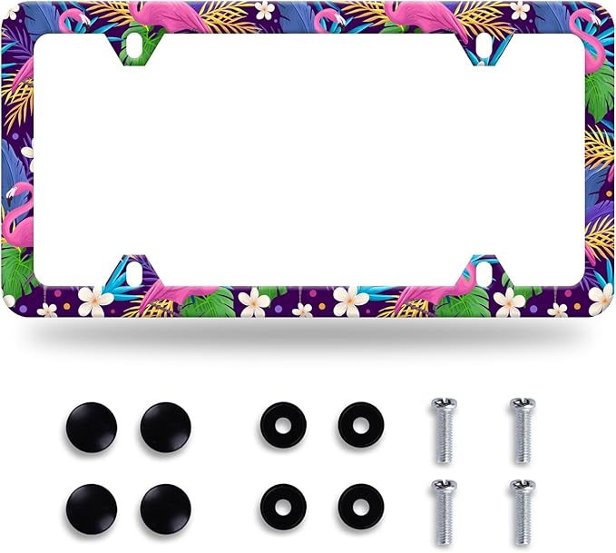 Flamingo Flower Palm Trees License Plate Frame Stainless Steel Auto Parts Colorful Tropical License Plate Decorative with Screws Size 12.3" x 6.3"