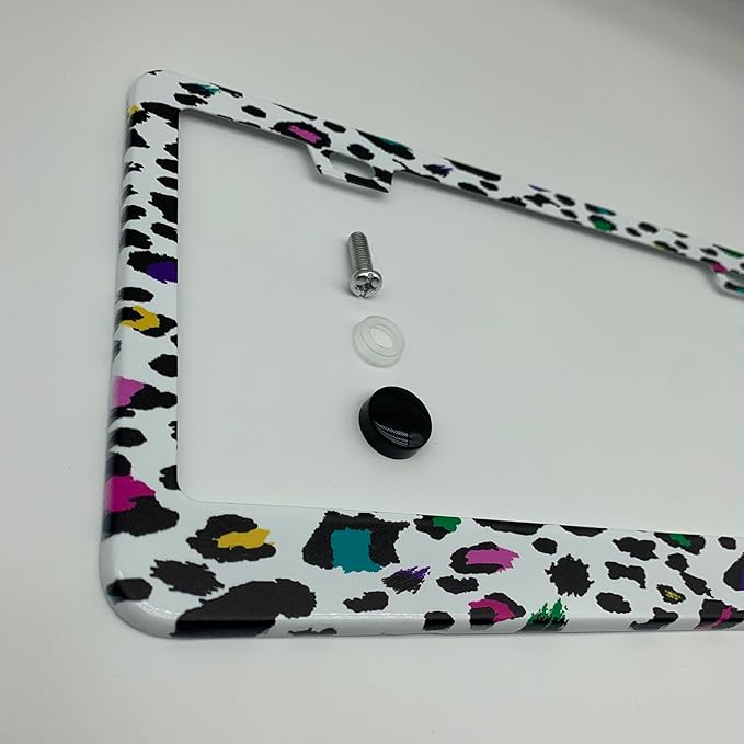 Colorful Leopard Print Cheetah Spots License Plate Frame Cover, Matte White Powder Coated Stainless Steel, Animal Print Auto Car Tag Frame with 2 Holes & Free Screws