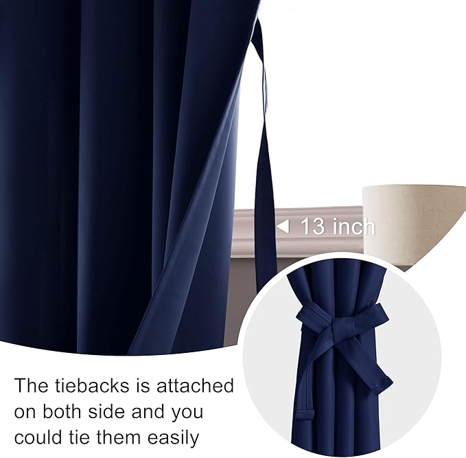 JIUZHEN Short Blackout Curtains for Small Window - Cafe Room Darkening Privacy Thermal Insulated Half Window Curtains Tiers for Bathroom,Kitchen, W 52 x L 36, Set of 2 Panels with Tiebacks, Navy Blue
