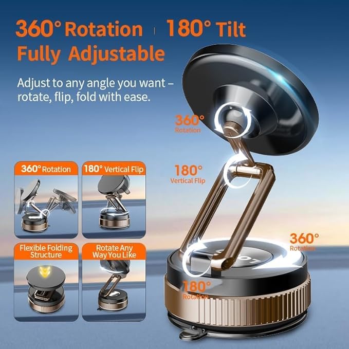 GORDIUS Premium Metalic Foldable Vacuum Magnetic Phone Holder, 360° Phone Suction Mount Double-Sided Swivel Stand for Car, Mirror, Gym, Hands-Free Compatible with iPhone and Android (White)