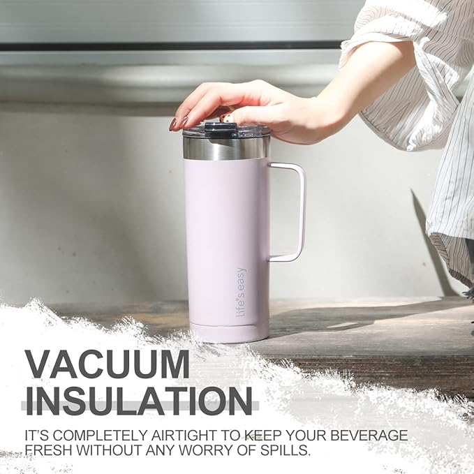 Life's Easy 20oz Stainless Steel Mug w/Handle - Double Wall Insulated Travel Tumbler w/Flip Lid - Leak Proof Tumbler-Thermal Cup for Coffee, Tea & More - Keep Hot & Cold Drinks (Lavender, 20 oz)
