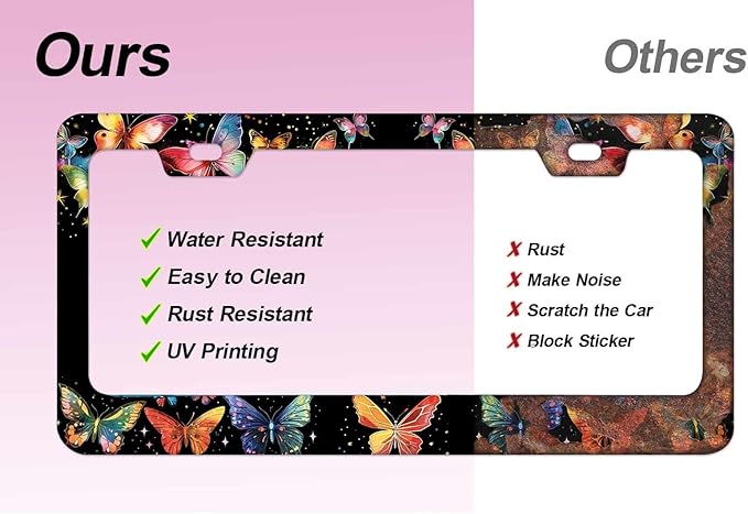 1pcs Hand Drawn Colorful Butterflies License Plate Frame for Women, Designer Red Blue Butterfly car tag Frames Girly for Vehicle with Non Adhesive Electrostatic Sticker