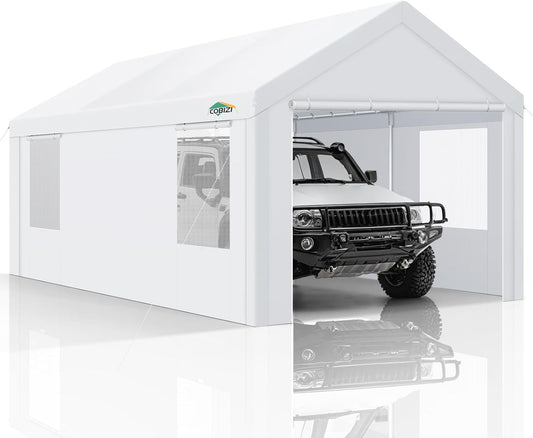 COBIZI Carports 10x20 Heavy Duty Car Canopy Garage with Removable Sidewalls & Doors, Galvanized Frame Portable Carport Canopy with Built-in Sandbags & All-Season Tarp for Car Boat Truck, White