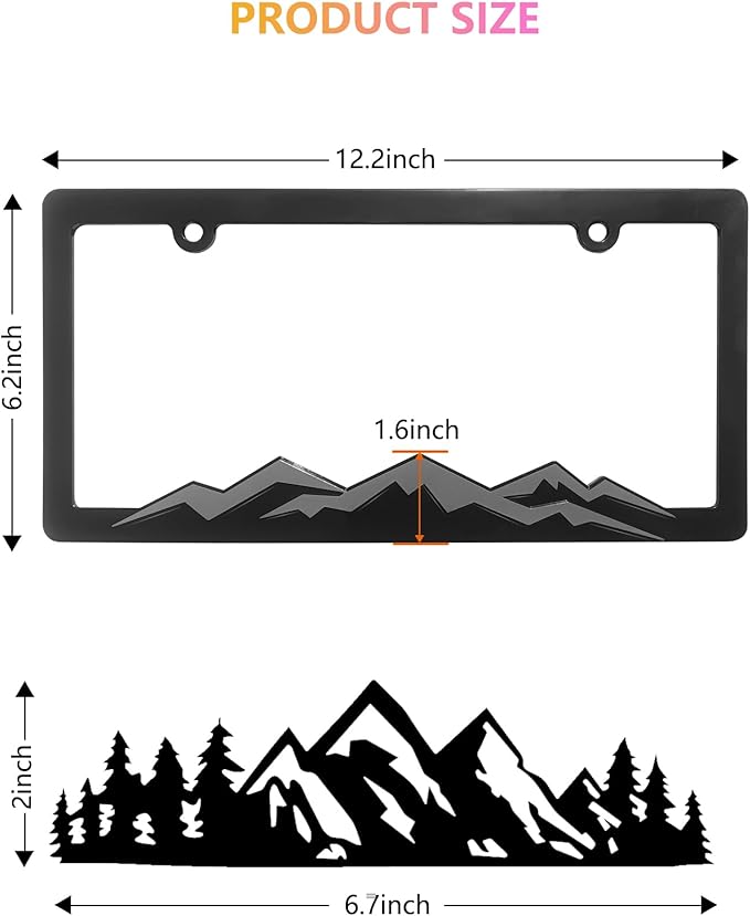 Mountain License Plate Frames - 2 Pack Plastic Car Tag Frame with 3D Mountain Design, Grey on Black, Included Mountain Vinyl Sticker, Screws & Caps