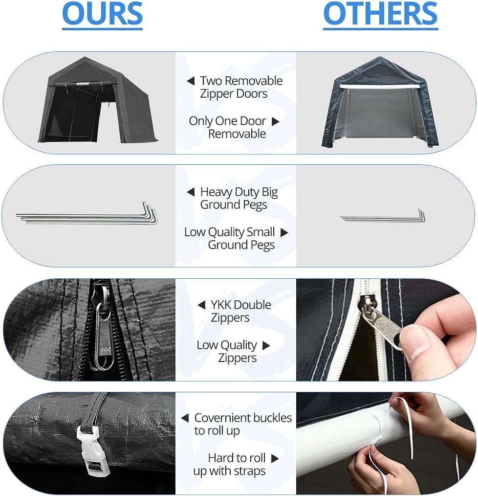 ADVANCE OUTDOOR 10X10 ft Heavy Duty Outdoor Patio Portable Canopy Storage Shelter Shed Carport with 2 Rolled up Zipper Doors & Vents for Snowmobile Garden Tools, Gray