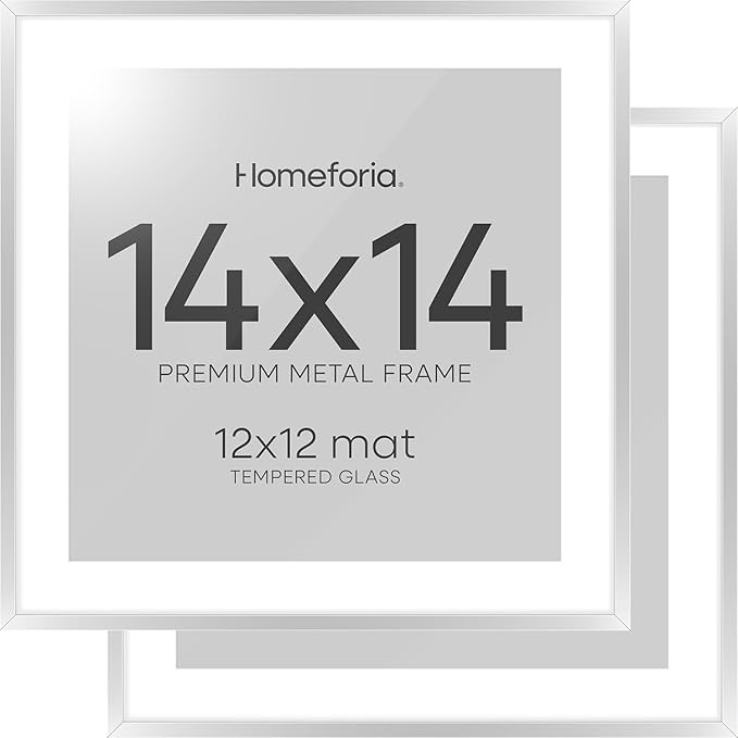 Homeforia Silver 14x14 Picture Frame, High End Metal 14 x 14 Square Frame with Mat 12 x 12 Photo, 14x14 Poster Frames Matted to 12x12 Print, 14 by 14 Hanging Frames, Tempered Glass, Wall Kit, Set of 2