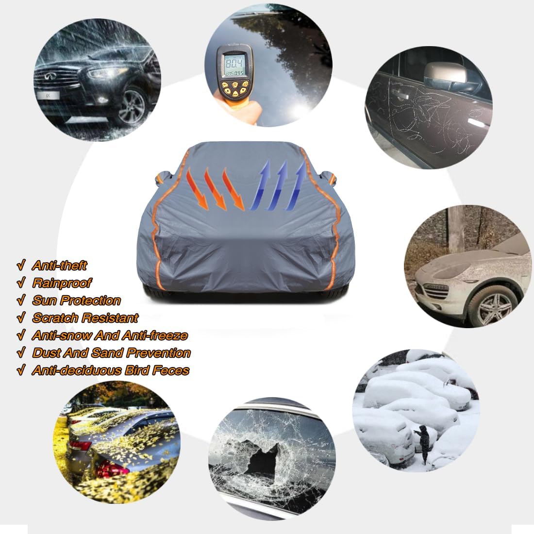 KEYOOG Universal Waterproof Heavy Weight Full Car Covers, Fit Sedan, All Weather, Outdoor Full Cover Weatherproof UV Sun Protection Snow Dust Storm Resistant with PEVA Cotton, for Cars Up to 182"