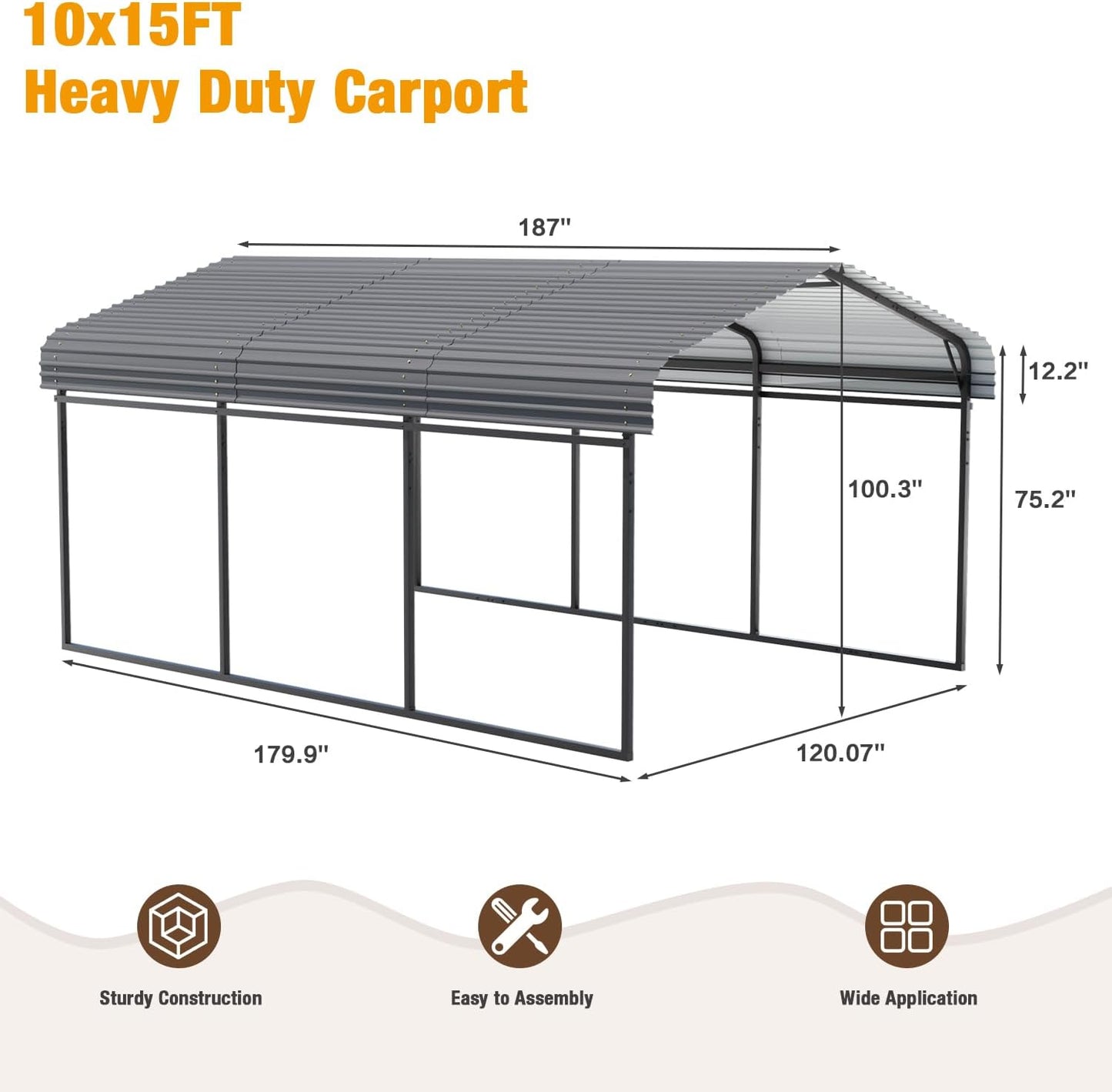 EBE 10 x 15 FT Outdoor Carport, Heavy Duty Metal Carports with Galvanized Steel Roof, Carport Canopy Garage Shelter Shade for Car, SUV, Truck, Boats and Tractors