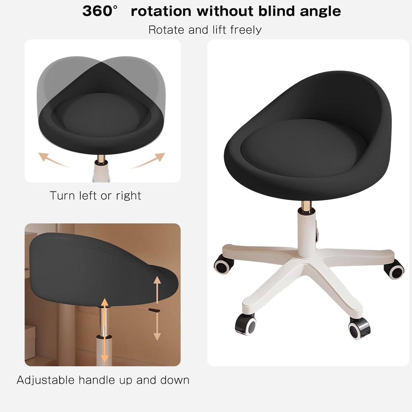 Rolling Stool Set of 3 Rolling Hydraulic Salon Stool with Low Backrest - Adjustable Swivel Chair for SPA, Shop, Salon, Massage, or Medical Office Black