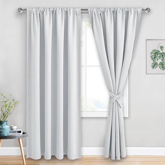JIUZHEN Curtains for Bedroom - Thermal Insulated Window Treatment Drapes, Room Darkening Rod Pocket Curtains for Living Room, Set of 2 Panels with Tiebacks, 52 x 90 Inch Length, Greyish White