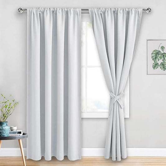 JIUZHEN Curtains for Bedroom - Thermal Insulated Window Treatment Drapes, Room Darkening Rod Pocket Curtains for Living Room, Set of 2 Panels with Tiebacks, 52 x 90 Inch Length, Greyish White