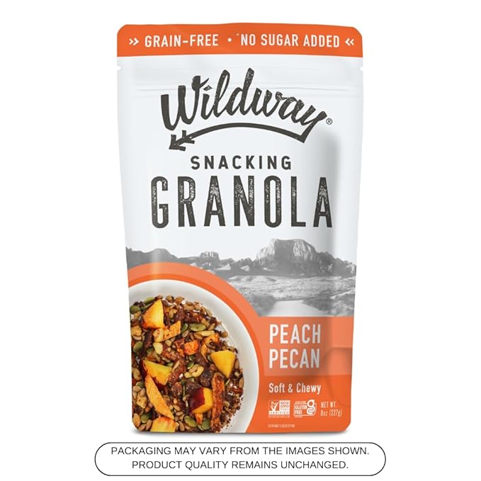 Wildway Keto Granola | Peach Pecan | Grain-Free, Certified Gluten-Free Cereal | Vegan, Low Carb | No Sugar Added | Paleo-Friendly | Non-GMO Fruit & Nut Clusters | Nutrient-Rich Snack | 8 oz, 3 Pack